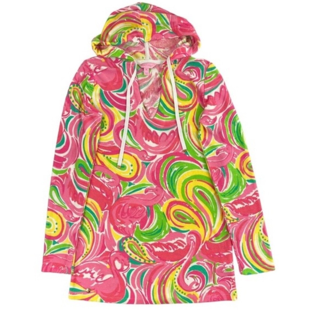Lilly Pulitzer Pink Flamingo Paisley Terry Cloth Tunic Hoodie Swim Cover Up XS